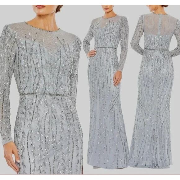 NWT Mac Duggal 5644 Embellished Illusion High‎ Neck Long Sleeve Gown Platinum 14 - Picture 4 of 8